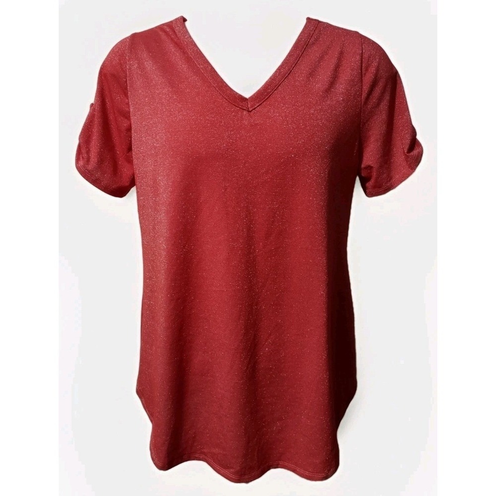 Impulsive V Neck Top Women 2X Red Metallic Shimmer Roll Tab Sleeve Holiday Party